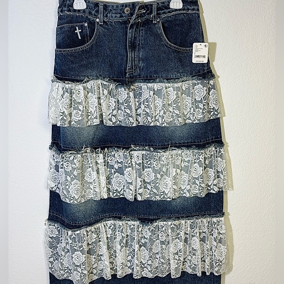 The Ragged Priest Babydoll Denim and Lace Layered Midi Skirt. Dark Dirty Wash. - Picture 2 of 5